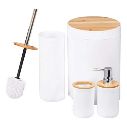 kit banheiro completo lixeira porta escova sabonete bambu