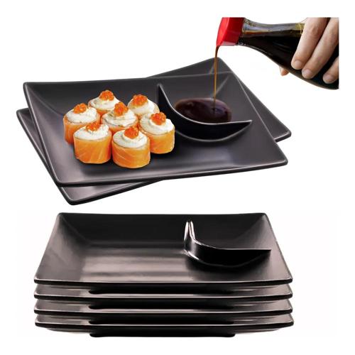 kit 6 pratos retangulares melamina com molheira preto