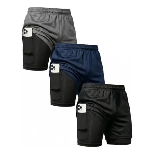 kit 3 shorts 2 em 1 duplo bolso para academia treino corrida