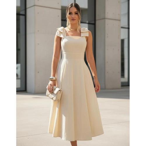 vestido longo de linho forrado com lacinho no ombro bojo