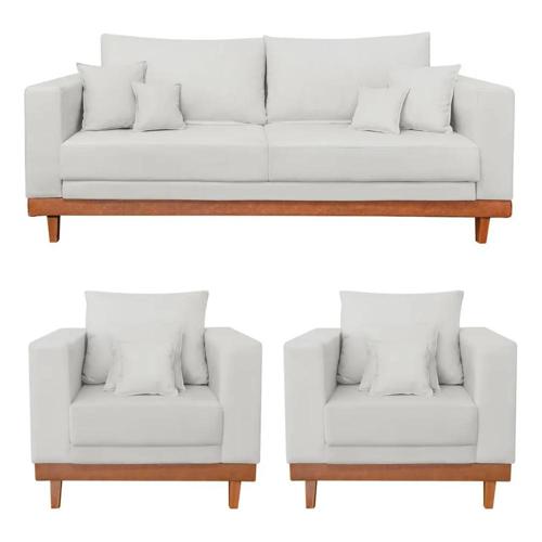 kit 2 poltronas living sofa 2 lugares base madeira linho