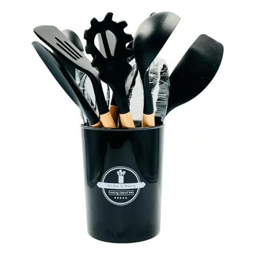 kit c12 utensilios de cozinha em silicone cabo madeira cor aleatoria