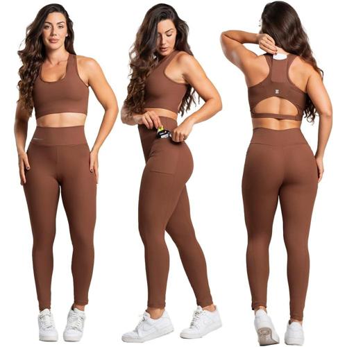 conjunto feminino fitness academia top legging com bolso canelado poliamida corrida