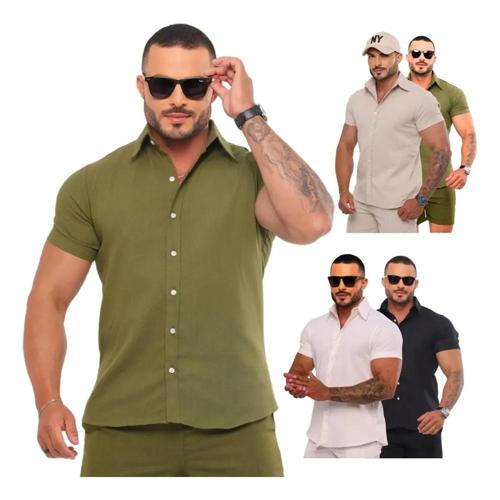 camisa social masculino linho premium manga curta casual
