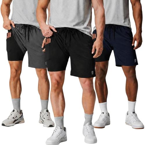 kit 3 shorts masculino 2 em 1 duplo bermuda academia bolso para treino celular