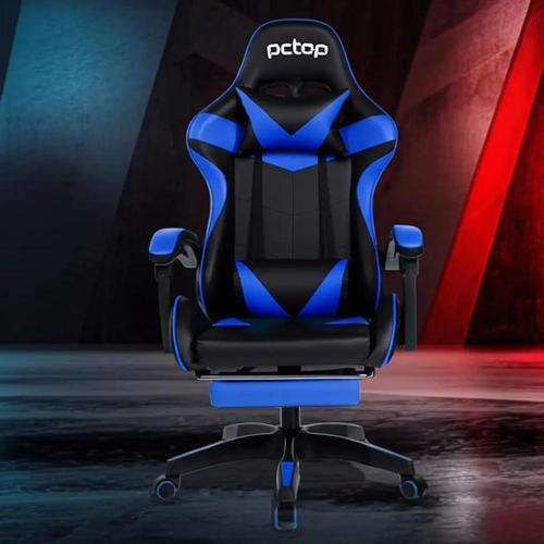 cadeira gamer pctop racer 1006 gamer ergonomica preta e azul com estofado de couro sintetico