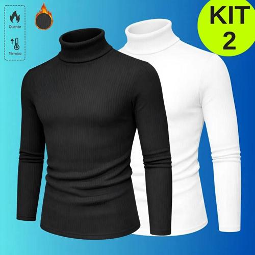 kit 2 blusa cacharrel masculino gola alta canelado camisas preto branco m 38 40