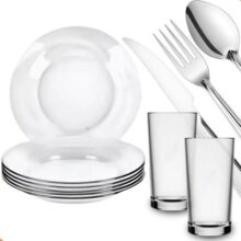 Aparelho De Jantar 30 Peças – Pratos + Copos + Talheres Inox