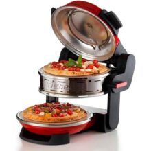 Ariete – Forno de pizza duplo 927 Vermelho, com 2 placas refratárias antiaderentes de 32 cm, 5 níveis de temperatura independentes – máximo de 400 °C, 2 espátulas em aço inox, 2100 W – 220V