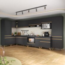 Armário de Cozinha Modulada Completa Canto 409cm com Balcão para Cooktop Veneza Multimóveis Mp2303 Preto/dourado