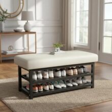 Banco De Entrada Estofado Sapateira Hall Luxo Prateleiras – Branco