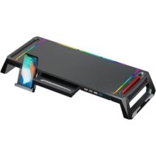 Base suporte gamer para monitor e notebook, ajustável, com led RGB, 4 saídas USB (3x 2.0 e 1x 3.0), suporte para celular e gaveta