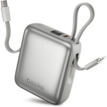 Basike Carregador Portátil 10000mAh, Mini Power Bank com Cabos Integrados, Carregamento Rápido 22.5W(MAX), Pequeno, Led Indicador de Bateria para iPhone/Samsung/Huawei/Xiaomi, etc (Prata)