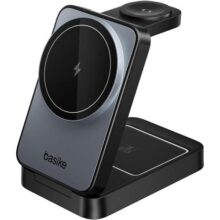 Basike Carregador Sem Fio 3 em 1 Magnético 2025, Estação de Carregamento Portátil com Luz Noturna, Dobrável e Compatível com MagSafe, iPhone 16/15/14/13/12, Apple Watch e AirPod (Preto)