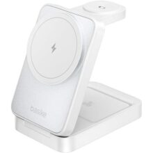 Basike Carregador Sem Fio 3 em 1 Magnético 2025, Estação de Carregamento Portátil com Luz Noturna, Dobrável e Compatível com MagSafe, iPhone 16/15/14/13/12, Apple Watch e AirPod (Branco)