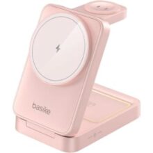 Basike Carregador Sem Fio 3 Em 1 Magnético 2025, Estação De Carregamento Portátil Com Luz Noturna, Dobrável e Compatível Com Magsafe, Iphone 16/15/14/13/12, Apple Watch e Airpod (ouro Rosa)