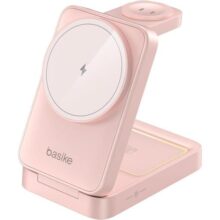 Basike Carregador Sem Fio 3 em 1 Magnético 2025, Estação de Carregamento Portátil com Luz Noturna, Dobrável e Compatível com MagSafe, iPhone 16/15/14/13/12, Apple Watch e AirPod (Preto)