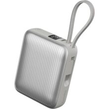 Basike Power Bank 35W, Carregador Portátil 10000mAh, Compacto, 2-Saídas com Cabo Tipo-C Integrado, Bateria Externa de Carregamento Rápido PD/QC para iPhone Séries 17/16/15, Samsung S25/24/23/22(Prata)
