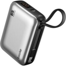 Basike Power Bank 65W, Carregador Portátil Universal 20000mAh, USB-C + Cabo Type-C Integrado e Removível, Carregamento Rápido PD/PPS para Samsung Séries S25-S21 e iPhone Séries 17-14 – Prata