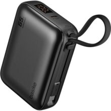 Basike Power Bank 65W, Carregador Portátil Universal 20000mAh, USB-C + Cabo Type-C Integrado e Removível, Carregamento Rápido PD/PPS para Samsung Séries S26-S21 e iPhone Séries 17-14 – Cinza