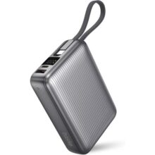 Basike Power Bank, Carregador Portátil 20000mAh 45W, 3-Saídas com Cabo USB-C Integrado, Bateria Externa de Carregamento Rápido PPS/PD/QC para iPhone Séries 16/15/14/13, Samsung S25/24/23/22/21 (Cinza)