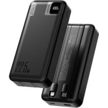 Basike Power Bank, Carregador Portátil Universal 20000mAh, USB-A(até 22.5W)+USB-C(até PD20W), com 2 Cabos Integrados (USB-C, Lightning) Carregamento Rápido, Led Indicador de Bateria (Preto)