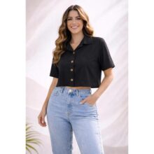 Blusinha Feminina Camisa Social Cropped Botões Manga Curta