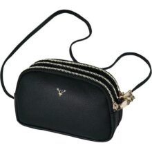 Bolsa Transversal Feminina em Couro Vegano 3 Compartimentos com Zíper Alça Ajustável (Preto)