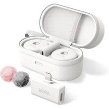 BOYA Microfone de lapela sem fio Omic-D-W para iPhone, microfone sem fio com cancelamento de ruído com clipe magnético, bateria 18H, certificado MFi, microfone de lapela para iPhone/iPad, YouTube,