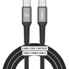 Cabo USB-C 2 metros Tipo C Turbo 60W Ultra Rapido Nylon Trançado e Reforçado Android e Iphone Notebook Tablet Qualidade Premium Carregamento Transferência de Dados