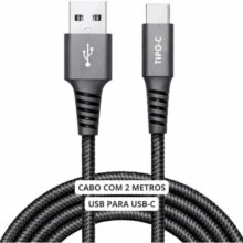 Cabo USB-C 2 Metros Tipo C Turbo 60W Ultra Rápido Reforçado para Android iPhone 1516 Notebook Tablet MacBook Samsung