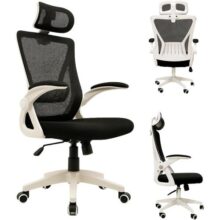 Cadeira de Escritório Ergonômica Giratória, Encosto de Cabeça Ajustável, Estofado Mesh, Tipo Presidente Confortável, Mecanismo de Elevação a gás, Inclinação, Preta e Branca | HYATTO OFFICE |