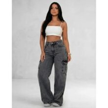 Calça Cargo Feminina Wide Leg Cintura Alta Jeans  Stillger