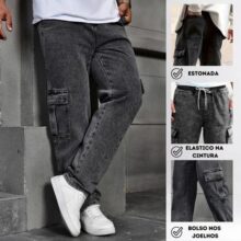 Calça Cargo Jeans Cós de Elástico Streetwear