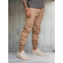 Calça Jeans Sarja Masculina Jogger Elástico Cintura E Barra, Bege