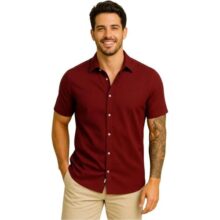 Camisa Masculina Gola Italiana Manga Curta Leve Elegante para Trabalho e Passeios, Tecido Fresco Passa Facil