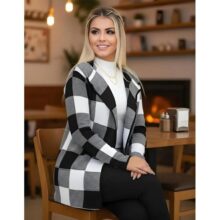 Cardigan Xadrez Casaco Kimono Sobretudo Tricô Moda Inverno Feminino