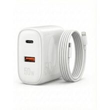 Carregador 50W + Cabo Compatível i.Phone, i.Phone X Xr 8 11 12 13 14 Plus Pro Max i.Pad, Carregamento Ultra Rapido, Fonte USB-C, Carga Rápida, Produto Homologado Anatel