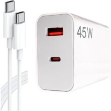 Carregador Tipo C Turbo 45W com Cabo USB-C de 1 Metro e Fonte Compatível com Novo Iphone 15 16 Pro Max Plus Carregamento Ultra Rápido Duas Portas USB-A e USB-C