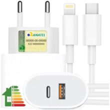 Carregador Turbo 40W Compatível iPhone X Xr 8 11 12 13 14 Plus Pro Max iPad Duas Entradas USB e USB-c Tipo C Com Cabo Tipo C Lightning Carga Rápida Tecnologia POWER DUO