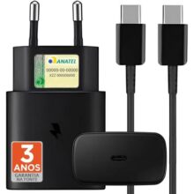 Carregador Turbo Compativel c/Samsung Galaxy, Motorola, Novo Iphone 15/16 – Fonte 25W Ultra,Carregamento Rápido, Tipo C + USB, Acompanha Cabo Tipo C, para Android/IOS – Certificado Premium Black