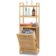 Cesto Bambu de Lavanderia Inclinável com Prateleiras de Armazenamento 3 Camadas, Cesta de Roupas Removível, Armário, Banheiro, Quarto, Natural, Heimon