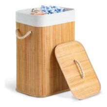 Cesto De Roupa Bege 70l Dobrável Bambu Com Tampa Casa Uno Liso