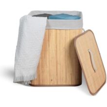 Cesto De Roupa Suja com Alças Em Bambu Com Tampa Forrado Banheiro Lavanderia Quarto
