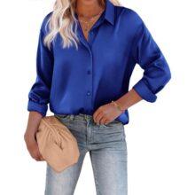 Chigant Feminino Camisas De Botão De Seda Causal Manga Longa Blusa De Cetim Negócios Túnica Tops Azul Royal