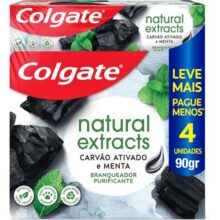 Colgate Creme Dental Clareador Natural Extracts Carvão Ativado 90g, 4 Unidades, Clareamento Dental com Extratos Naturais, Sorriso Mais Branco