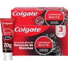 Colgate Creme Dental Luminous White Carvão Ativado 70g, 3 Unidades, Clareador Dental Avançado, Poderosa Remoção de Manchas, Sorriso Mais Branco e Deslumbrante
