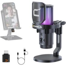comica EJoy Uni Pro Microfone USB sem fio com receptor USB C, microfone condensador RGB para streaming/podcasting/gravação, microfone para jogos para PC/computador/telefones (suporte para microfone)
