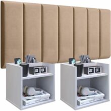 Conjunto Cabeceira Casal 140cm com Kit de Mesa de Cabeceira Suspenso com Porta Smartphone (Bege – Branco)