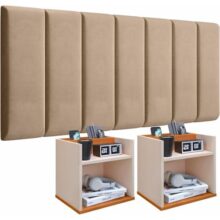 Conjunto Cabeceira Casal Modulada 140cm com Kit de Mesa de Cabeceira Suspensa com Porta Celular (Bege – Off White/Cinamomo)